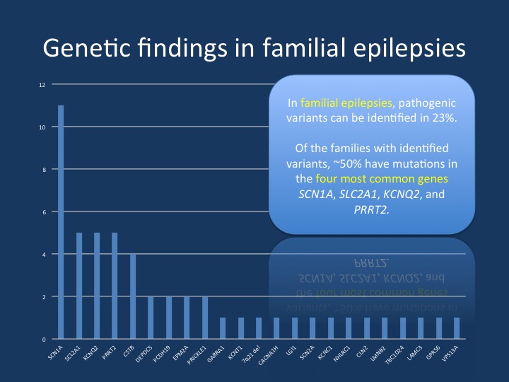 Afawi et al., 2016. The recent publication in Neurology review a comprehensive recruitment and phenotyping efforts in Israel and Palestine, covering 211 epilepsy families in total. In summary, 23% of these families could be explained genetically and 60% of these families have mutation in the “familial four”, SCN1A, SLC2A1, KCNQ2, and PRRT2. 